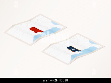 Deux versions d'une carte pliée du Mississippi avec le drapeau du pays du Mississippi et la couleur rouge mise en évidence. Ensemble de vecteur isométrique ma Illustration de Vecteur