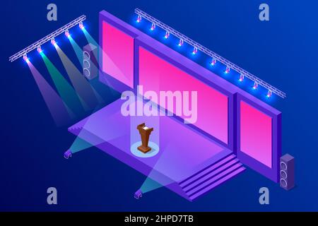 Support isométrique pour conférence de presse avec microphones, place équipée pour le haut-parleur devant les journalistes. Illustration de Vecteur