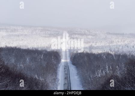 Route uebec 216, dans la région de Chaudière-Appalaches, en hiver avec une grande vue panoramique sur la forêt neigeuse bordant la route neigeuse partielle. Banque D'Images