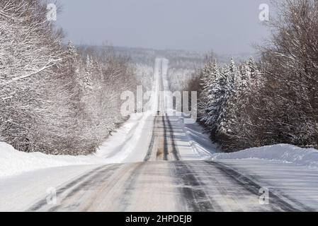 Route uebec 216, dans la région de Chaudière-Appalaches, en hiver avec une grande vue panoramique sur la forêt neigeuse bordant la route neigeuse partielle. Banque D'Images