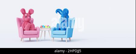 De jolis lapins de Pâques assis dans des fauteuils avec les œufs peints. Le concept de vacances de Pâques sur fond blanc 3D rend 3D illustration Banque D'Images