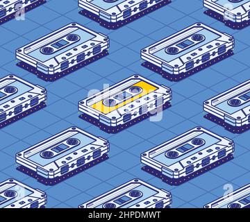 Bande de cassette audio isométrique à motif sans couture. Illustration vectorielle. Outline Music concept. Dispositif audio électronique rétro. Concepts 80s et 90s. Illustration de Vecteur