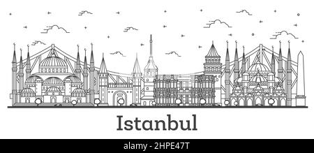 Outline Istanbul Turkey City Skyline avec bâtiments historiques isolés sur White. Illustration vectorielle. Istanbul CityScape avec des monuments. Illustration de Vecteur