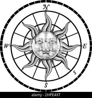 Compass Sun face gravure Rose Woodcut dessin Illustration de Vecteur