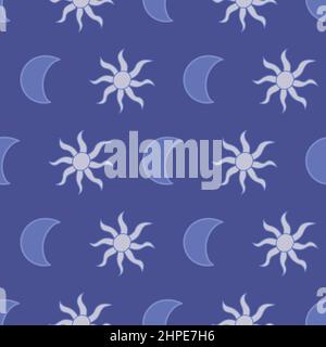 Motif sans couture corps célestes. Soleil et lune dessinés à la main sur fond bleu. Illustration de Vecteur
