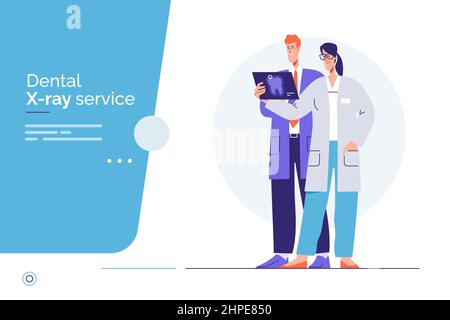 Deux dentistes discutent du résultat des radiographies dentaires. Illustration vectorielle, contour modifiable, nuances globales Illustration de Vecteur