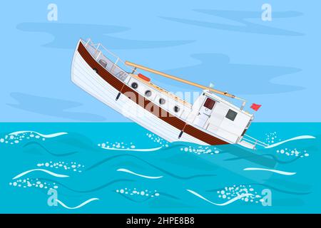 Bateau en mer. Vaisseau blanc passant sous l'eau. Bateau de pêche naufrage dans l'océan.accident de transport marin. Navire qui a coulé dans l'illustration Storm.Vector Illustration de Vecteur