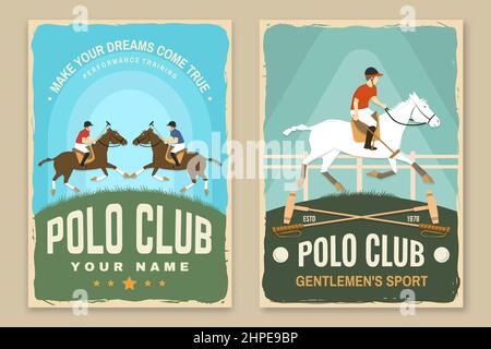 Ensemble d'affiches rétro du club de sport Polo. Illustration vectorielle. Étiquette équestre vintage, autocollant avec silhouettes de cavalier et de cheval Illustration de Vecteur