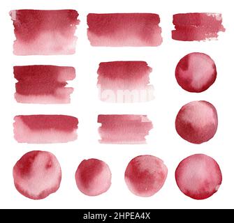 Ensemble de taches d'aquarelle bordeaux abstraites et de coups de pinceau isolés sur fond blanc. Taches de peinture rondes et rectangulaires. Parfait pour les décorations Banque D'Images