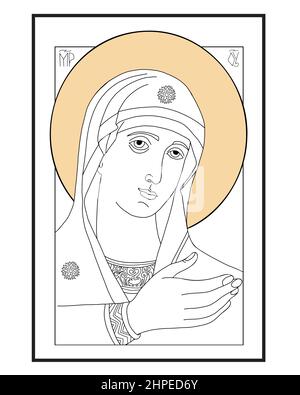 Icône orthodoxe de Sainte Marie mère de Dieu Reine du ciel. Virgin Mary Hearing One. Illustration vectorielle linéaire pour les communautés chrétiennes et catholiques Illustration de Vecteur