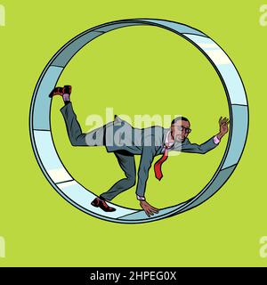 homme d'affaires africain dans une roue d'écureuil. Travail monotone de routine. Un homme en captivité de ses affaires Illustration de Vecteur