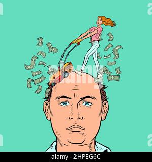 Mari et femme, problèmes à cause de l'argent. Divorce coûteux, notion de litige financier. Dollars de coupe de cheveux Illustration de Vecteur