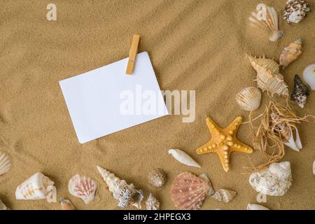 Composition feuille de papier avec espace de copie, coquillages, galets, maquette sur fond de sable. Vierge, vue de dessus, durée de vie fixe, plat. Vacances d'été en mer Banque D'Images