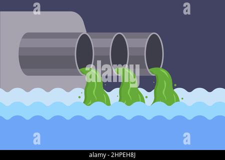 pollution de la rivière par les eaux usées de l'usine. jeter les ordures dans l'eau. contamination de l'eau potable. illustration vectorielle plate. Illustration de Vecteur