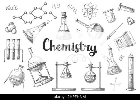 Jeu de différents flacons pharmaceutiques, béchers et tubes à essai. Esquisse d'objets de laboratoire chimique. Symbole de découverte et de chimie. Illustration de Vecteur