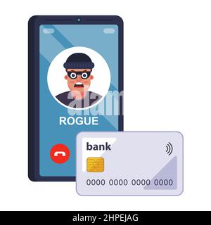 un fraudeur vole les détails de la carte bancaire au téléphone. illustration vectorielle plate. Illustration de Vecteur