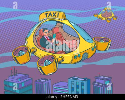 Homme d'affaires. Drone air taxi, pilote automatique de transport de ville. Hélicoptère du futur Illustration de Vecteur