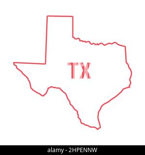 Carte de l'État du Texas frontière avec contour rouge. Illustration vectorielle isolée sur blanc. Abréviation d'état à deux lettres. Contour modifiable. Régler l'épaisseur de ligne. Illustration de Vecteur