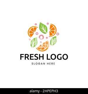 Logo et feuilles Orange Slice frais, utilisables dans les boutiques de fruits Illustration de Vecteur