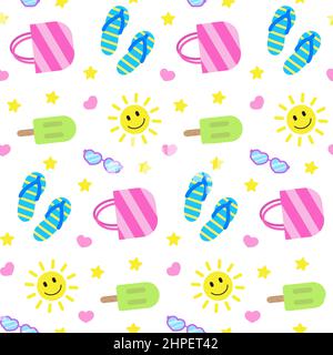 Motif estival sans couture, éléments colorés sur tableau sombre. Soleil souriant, sac, lunettes de soleil et glaces. Illustration vectorielle de style plat. Imprimer pour t Illustration de Vecteur