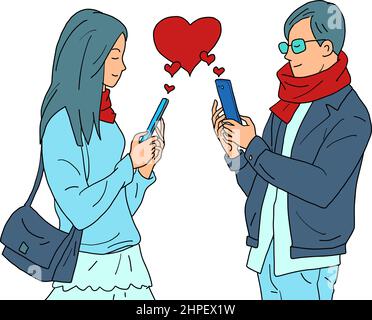 amour valentine coeur rouge un couple d'un homme et une femme avec des téléphones, dépendance sur les réseaux sociaux en ligne Illustration de Vecteur