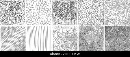 Ensemble de fonds ou de motifs abstraits carrés. Gribouillages dessinés à la main. Blots, zigzags, courbes lisses, lignes. Illustrations vectorielles fantaisistes modernes. POS Illustration de Vecteur