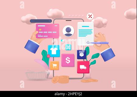 Achats en ligne et commerce électronique sur l'application ou le site Web de téléphonie mobile Illustration de Vecteur