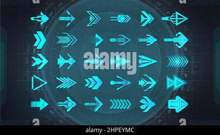 Flèches définies dans le style HUD pour Web, App, GUI - interface utilisateur, UX, conception de kit Illustration de Vecteur