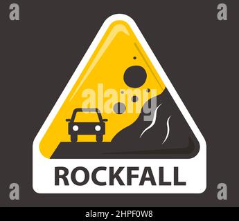 panneau jaune attention rockfall. la pierre tombe sur une voiture. Illustration vectorielle plate isolée Illustration de Vecteur