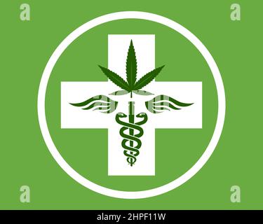 symbole de marijuana médicale. tige avec serpents et ailes. agent thérapeutique. Kanabis pharmacie. illustration à vecteur plat. Illustration de Vecteur