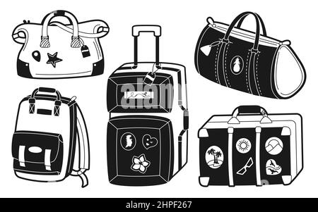 Kit d'impression de joint de ligne de bagage de voyage. Voyage de timbre de bagages vacances, tourisme shopping. Étiquette de valise pour avion, sac à dos de voyage pour étudiant, randonnée de voyageur. Appuyez sur illustration du vecteur glyphe Illustration de Vecteur