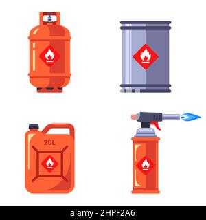 jeu de conteneurs contenant des substances inflammables. stockage de liquides dangereux dans des conteneurs. illustration vectorielle plate isolée sur fond blanc. Illustration de Vecteur