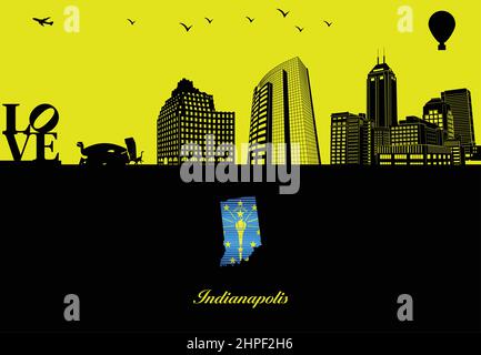 Silhouette d'horizon de la ville d'Indianapolis - illustration, ville en fond jaune, carte de l'Indiana Illustration de Vecteur