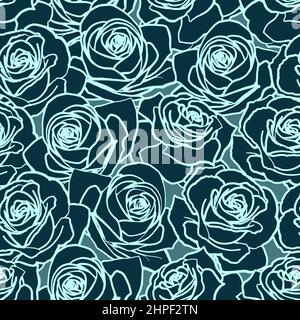 Motif vectoriel sans couture. Contour bleu marine fleurs roses sur fond sombre Illustration de Vecteur
