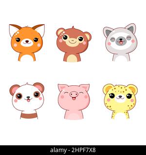 Ensemble de l'icône de membre kawaii. Personnages de dessin animé mignons. Collection bébé d'avatars avec animaux. Imprimé panda, singe, renard, lémurien, cochon, léopa Illustration de Vecteur