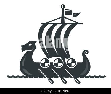 icône de bateau viking noir avec voile et oars. illustration vectorielle plate. Illustration de Vecteur