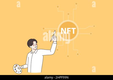 Homme artiste avec le symbole NFT de douleur de brosse vendant crypto-monnaie sur la bourse. Les investisseurs masculins font du crypto sur Internet dans le cadre de la soumission de jetons non fongibles. Illustration vectorielle plate. Illustration de Vecteur