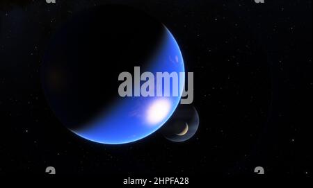 Lever de soleil derrière la planète bleue. Paysage scientifique fantastique de planètes dans l'espace. Un espace noir sans bornes, une planète bleue fictive. 3d rendu Banque D'Images