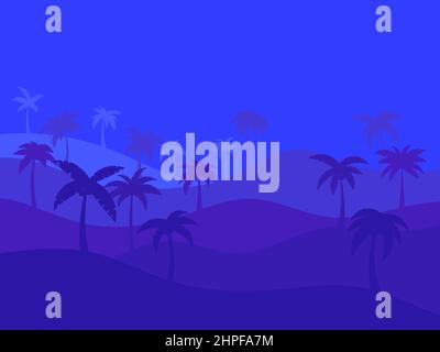 Paysage tropical nocturne avec palmiers dans des tons bleu foncé. Silhouettes de palmiers sur les collines. Heure d'été. Conception de livrets publicitaires, bannières, Illustration de Vecteur