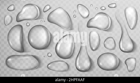 Vecteur ensemble réaliste de gouttelettes liquides différentes formes. De l'eau pure coule, de l'eau condensée sur une surface en verre froid. Gros plan gouttes d'eau douce isolées sur fond transparent. Illustration de Vecteur