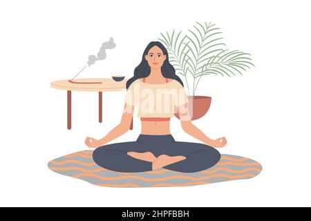 Femme assise dans une posture de yoga à la maison. Fille faisant la méditation dans le salon. Illustration de Vecteur