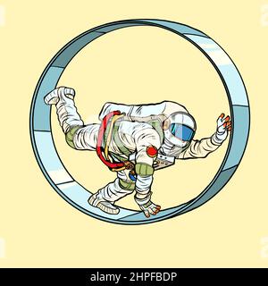 Un astronaute dans une roue d'écureuil. Travail monotone de routine. Un homme en captivité de ses affaires Illustration de Vecteur