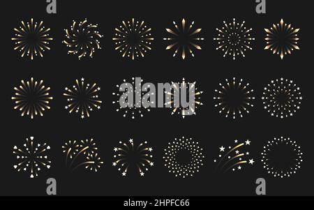 Feu de cheminée étincelant Noël faisceau or ensemble réaliste. Simple explosion fête étoile brillant signe célébrer noël nouvel an bday autour de l'icône. Carte postale de Happy Day isolée par un élément de message d'accueil Illustration de Vecteur