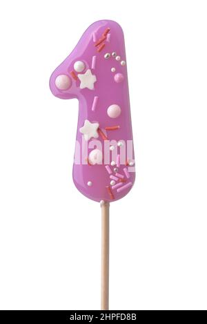 Vue de face de violet fait main numéro un lollipop isolé sur blanc Banque D'Images