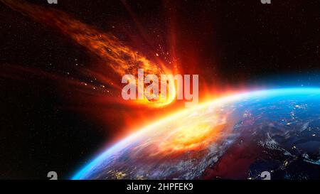 Impact Meteor sur la Terre - astéroïde tiré en collision avec la planète - contient 3D rendu - éléments de cette image fournis par la NASA Banque D'Images