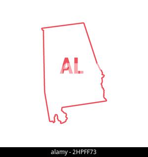 Carte de l'État des États-Unis de l'Alabama bordure rouge. Illustration vectorielle isolée sur blanc. Abréviation d'état à deux lettres. Contour modifiable. Régler l'épaisseur de ligne. Illustration de Vecteur