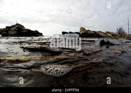 Castel Volturno, Italie. 20th févr. 2022. Une bouteille en plastique et d'autres déchets flottent sur l'eau, lors d'un nettoyage effectué par les volontaires de l'Association Plasticfree sur la 'Plage en plastique' de Castel Volturno, ainsi appelé pour l'énorme quantité de déchets accumulés par le déluge de la rivière Volturno. Castel Volturo, Italie, 20 février 2022. Credit: SIPA USA/Alay Live News Banque D'Images