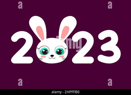 2023 année de lapin. Illustration de dessin animé vecteur du nouvel an chinois. Chiffres 2023 avec un joli visage de lapin sur fond rose foncé. Zodiac chinois oriental Illustration de Vecteur