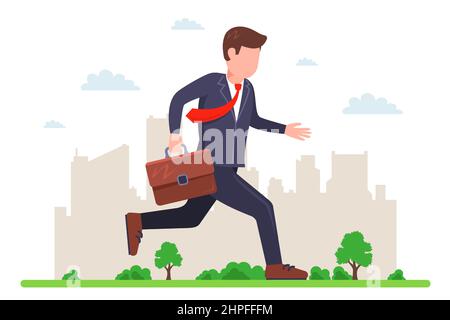 un homme dans un costume d'affaires court dans la rue pour travailler. soyez tard pour le bureau. illustration vectorielle plate. Illustration de Vecteur