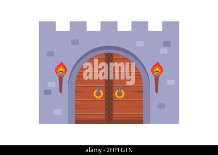 ancienne porte de château en bois sur fond blanc. illustration vectorielle plate. Illustration de Vecteur